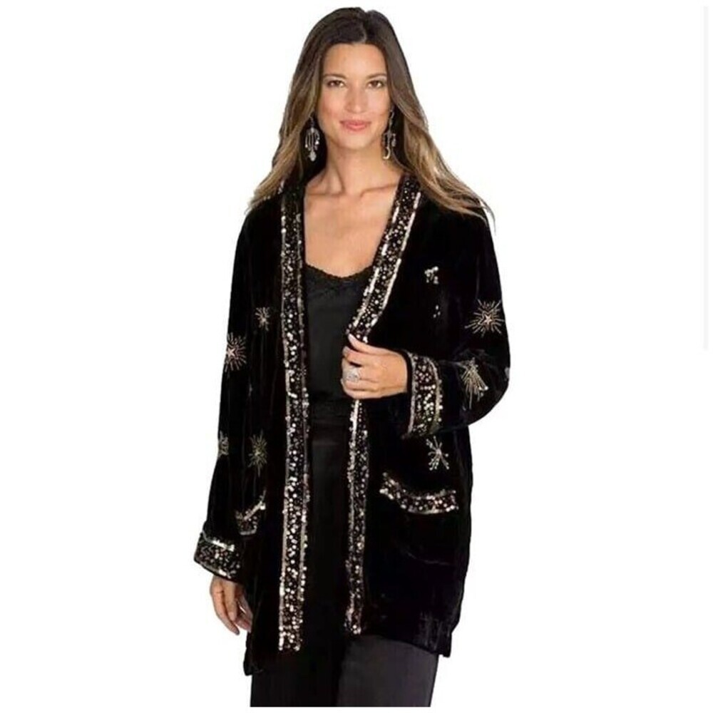 Johnny Was Aruna Velvet Smoking Jacket Embroidered Gold Sun Kimono Size Medium